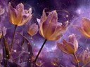 Schilderij van een tulpenveld in paars en goud tegen een sterrenhemel.