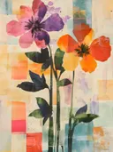 Twee grote bloemen in paars en oranje op een pastel geblokte achtergrond