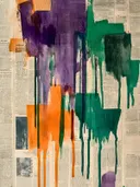 Abstract schilderij met paarse, oranje en groene verfdruppels op krantenpapier