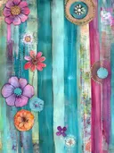 Schilderij met een verticale reeks getekende bloemen in paars en roze op een turkoois gestreepte achtergrond