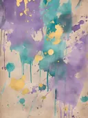 Abstract waterverf schilderij met paarse en turquoise vlakken en goudkleurige spetters
