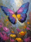 Schilderij van een paarsblauwe vlinder in een bloemenveld