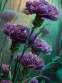 Schilderij van paarse anjers met blauwe vlinders in een groen bos