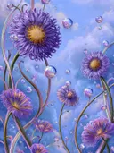 Schilderij van paarse asters tegen een blauwe wolkenlucht met zeepbellen
