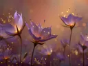 Schilderij van paarse gloeiende bloemen bij een gouden zonsondergang