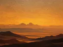Schilderij van een paarse bergketen bij zonsondergang
