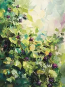 Schilderij van paarse bessen tussen groene bladeren