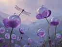 Schilderij van paarse bloemen met glazen bollen en libellen in een bergdal