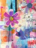 Mixed-media schilderij met paarse en witte bloemen met stiksel-achtige zwarte contourlijnen