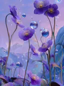 Paarse bloemen tussen zeepbellen, surrealisme schilderij