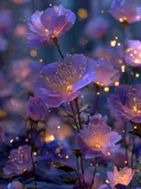 Schilderij van paarse bloemen met zwevende lichtjes in de schemering