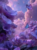 Schilderij van paarse bloemen met blauwe en paarse vlinders in de tuin
