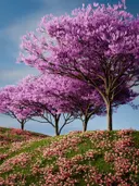 Paars bloeiende bomen op een heuvel met roze bloemen op de grond