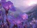 Schilderij van paarse bloemen met uitzicht op een sterrenhemel en bergen