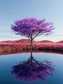 Boom met paarse bladeren die zich spiegelt in stil water, omringd door roze bloemenheuvels.