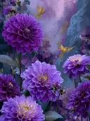 Schilderij van paarse dahlia's met vliegende gouden kolibries in een mistig bos