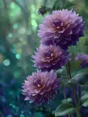 Paarse dahlia's op teal, botanisch schilderij