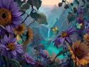 Paarse en gouden bloemen boven het turquoise dal, surrealisme schilderij