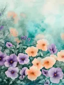Paarse en perzikkleurige bloemen tegen een mistige turquoise achtergrond