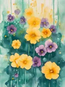 Aquarel met paarse en gele viooltjes tegen een donkergroene achtergrond