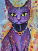 Paarse glitter kat met medaillon, popart schilderij