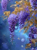 Schilderij van paarse glycine met planeten in een kosmische sterrenhemel