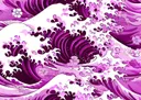 Grafisch schilderij van paarse golven met witte kersenbloesems in Japanse stijl