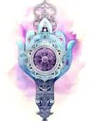 Aquarel hamsa hand in paars en blauw