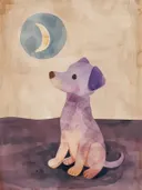 Paars hondje dat naar een halve maan kijkt