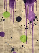 Abstract schilderij met paarse inktdruipers en zwarte spatten op krantenpapier