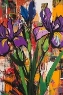 Schilderij van paarse en blauwe irissen op een kleurrijke abstracte achtergrond