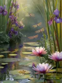 Schilderij van paarse irissen en waterlelies bij een vijver met libellen