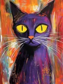 Schilderij van een paarse kat met grote gele ogen tegen een oranjerode abstracte achtergrond