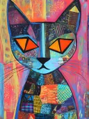 Paarse kat met gouden hartjes-patroon en gouden hartjes op blauwe achtergrond