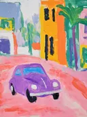 Schilderij van een paarse oldtimer auto in een kleurrijke straat met palmboom.