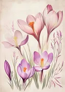 Botanische tekening van roze en paarse krokussen