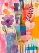 Paarse bloem met witte lijntekening op een abstracte kleurrijke achtergrond