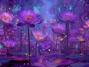Schilderij van paarse lotusbloemen in een verlicht sprookjesbos