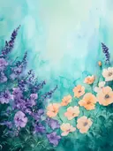 Aquarel van paarse lupines en oranje papavers op een turquoise achtergrond