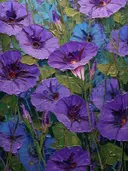 Schilderij met een dicht bloementapijt van paarse ochtendglorie-bloemen