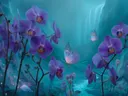 Schilderij van paarse orchideeën met vlinders bij een waterval