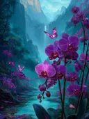 Schilderij van paarse orchideeën aan de rand van een nevelig woud met waterval