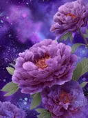 Schilderij van een paarse pioenroos tegen een kosmische sterrenhemel