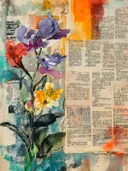 Aquarel van paarse en rode bloemen op een collage van krantenpapier