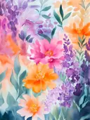 Aquarel bloementuin met paarse, roze en oranje bloemen en groene bladeren