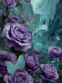 Schilderij van paarse rozen met vlinders bij een waterval in een nevelwoud