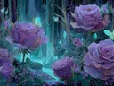 Paarse rozen in het turquoise ravijn, botanisch schilderij