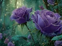 Paarse rozen met dauwdruppels, botanisch schilderij