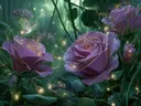 Schilderij van paarse rozen met gouden lichtsporen in een donker bos