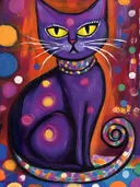 Paarse kat met gele ogen en kleurrijke stippen op een oranje achtergrond